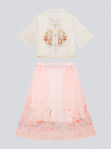 Young Girl's 2pcs Chinese Style Horse-Face Skirt Suit, Summer Hanfu Dress For Children, 2024 New Arrival Young Girl's 2pcs Chinese Style Horse-Face Skirt Suit, Summer Hanfu Dress For Children, 2024 New Arrival