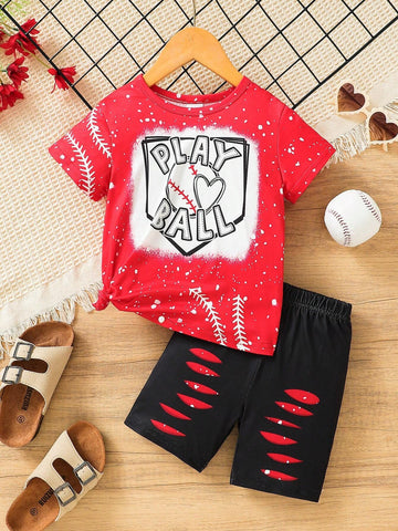 Young Girls" (3-7 Years) Heart Pattern Baseball Shirt, Hole Pattern Shorts Young Girls" (3-7 Years) Heart Pattern Baseball Shirt, Hole Pattern Shorts