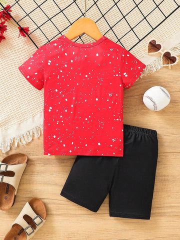 Young Girls" (3-7 Years) Heart Pattern Baseball Shirt, Hole Pattern Shorts Young Girls" (3-7 Years) Heart Pattern Baseball Shirt, Hole Pattern Shorts