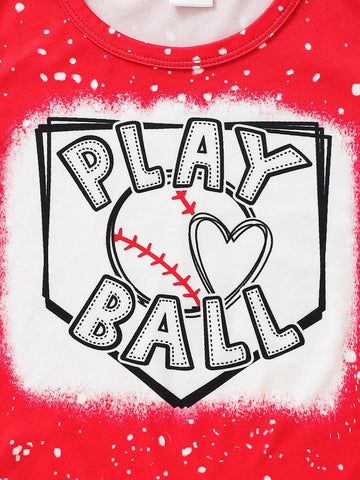 Young Girls" (3-7 Years) Heart Pattern Baseball Shirt, Hole Pattern Shorts Young Girls" (3-7 Years) Heart Pattern Baseball Shirt, Hole Pattern Shorts