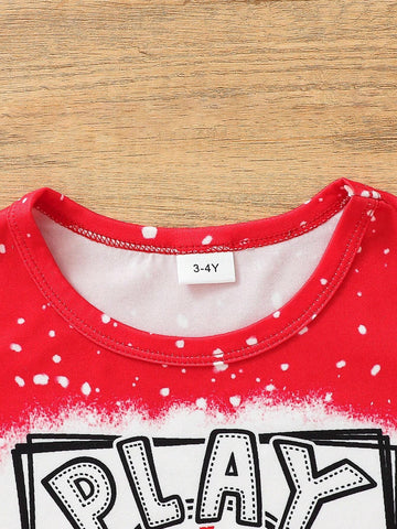 Young Girls" (3-7 Years) Heart Pattern Baseball Shirt, Hole Pattern Shorts Young Girls" (3-7 Years) Heart Pattern Baseball Shirt, Hole Pattern Shorts