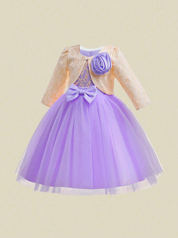 Young Girls 3D Floral Lace Mesh Tutu Dress With Bow Decor Young Girls 3D Floral Lace Mesh Tutu Dress With Bow Decor