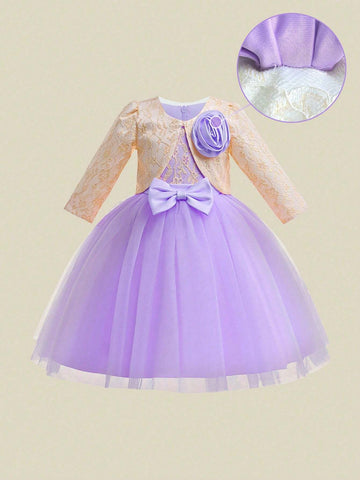 Young Girls 3D Floral Lace Mesh Tutu Dress With Bow Decor Young Girls 3D Floral Lace Mesh Tutu Dress With Bow Decor