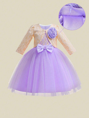 Young Girls 3D Floral Lace Mesh Tutu Dress With Bow Decor Young Girls 3D Floral Lace Mesh Tutu Dress With Bow Decor