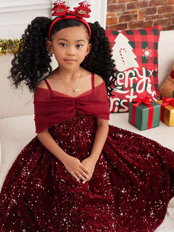 Young Girl's And Young Girl's Elegant Glamorous Pearl & Sequin Embroidered Open Shoulder Party Dress, Suitable For Christmas Young Girl's And Young Girl's Elegant Glamorous Pearl & Sequin Embroidered Open Shoulder Party Dress, Suitable For Christmas