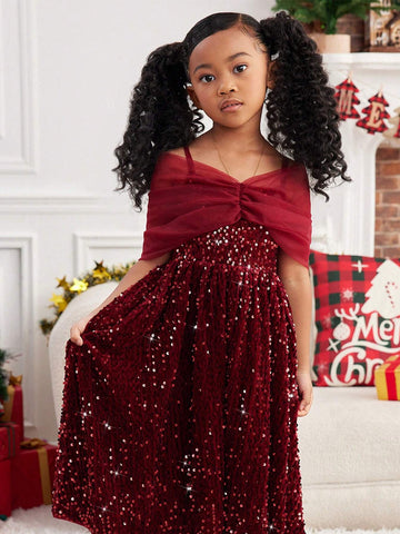 Young Girl's And Young Girl's Elegant Glamorous Pearl & Sequin Embroidered Open Shoulder Party Dress, Suitable For Christmas Young Girl's And Young Girl's Elegant Glamorous Pearl & Sequin Embroidered Open Shoulder Party Dress, Suitable For Christmas
