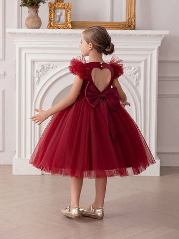 Young Girl's Cap Sleeve Bow Mesh Princess Dress, Suitable For Birthday Party, Wedding, Formal Occasions Young Girl's Cap Sleeve Bow Mesh Princess Dress, Suitable For Birthday Party, Wedding, Formal Occasions