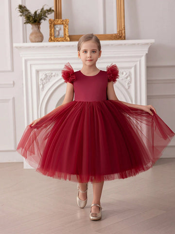 Young Girl's Cap Sleeve Bow Mesh Princess Dress, Suitable For Birthday Party, Wedding, Formal Occasions Young Girl's Cap Sleeve Bow Mesh Princess Dress, Suitable For Birthday Party, Wedding, Formal Occasions