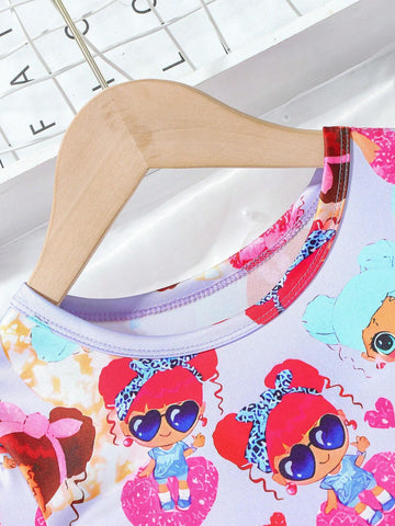 Young Girls' Cartoon Print Comfortable Round Neck Short Sleeve T-Shirt Dress, Children Outdoor Casual Vacation Mid-Length Dress, Summer Young Girls' Cartoon Print Comfortable Round Neck Short Sleeve T-Shirt Dress, Children Outdoor Casual Vacation Mid-Length Dress, Summer