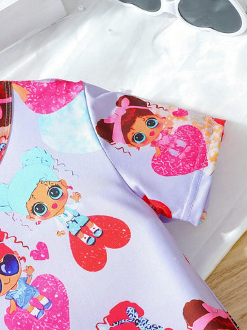 Young Girls' Cartoon Print Comfortable Round Neck Short Sleeve T-Shirt Dress, Children Outdoor Casual Vacation Mid-Length Dress, Summer Young Girls' Cartoon Print Comfortable Round Neck Short Sleeve T-Shirt Dress, Children Outdoor Casual Vacation Mid-Length Dress, Summer