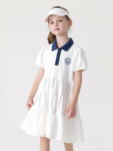 Young Girls' Casual And Vibrant Color-Block Cake Dress With Polo Collar And Short Sleeves, Quick-Dry, Summer Young Girls' Casual And Vibrant Color-Block Cake Dress With Polo Collar And Short Sleeves, Quick-Dry, Summer