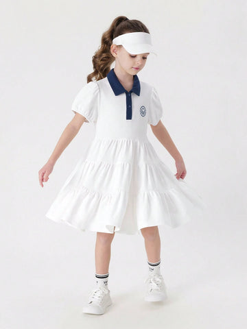 Young Girls' Casual And Vibrant Color-Block Cake Dress With Polo Collar And Short Sleeves, Quick-Dry, Summer Young Girls' Casual And Vibrant Color-Block Cake Dress With Polo Collar And Short Sleeves, Quick-Dry, Summer