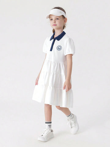 Young Girls' Casual And Vibrant Color-Block Cake Dress With Polo Collar And Short Sleeves, Quick-Dry, Summer Young Girls' Casual And Vibrant Color-Block Cake Dress With Polo Collar And Short Sleeves, Quick-Dry, Summer