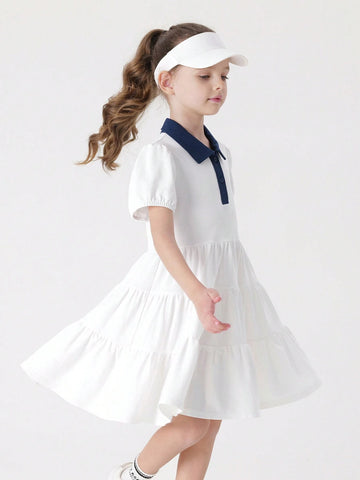 Young Girls' Casual And Vibrant Color-Block Cake Dress With Polo Collar And Short Sleeves, Quick-Dry, Summer Young Girls' Casual And Vibrant Color-Block Cake Dress With Polo Collar And Short Sleeves, Quick-Dry, Summer