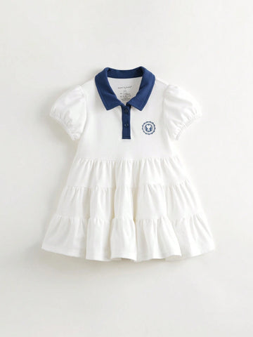 Young Girls' Casual And Vibrant Color-Block Cake Dress With Polo Collar And Short Sleeves, Quick-Dry, Summer Young Girls' Casual And Vibrant Color-Block Cake Dress With Polo Collar And Short Sleeves, Quick-Dry, Summer