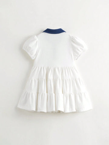 Young Girls' Casual And Vibrant Color-Block Cake Dress With Polo Collar And Short Sleeves, Quick-Dry, Summer Young Girls' Casual And Vibrant Color-Block Cake Dress With Polo Collar And Short Sleeves, Quick-Dry, Summer