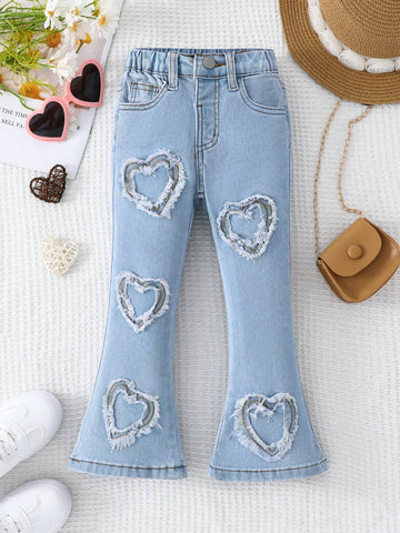 Young Girl's Casual Flare Jeans With Heart-Shaped Patch Pockets Young Girl's Casual Flare Jeans With Heart-Shaped Patch Pockets