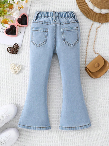 Young Girl's Casual Flare Jeans With Heart-Shaped Patch Pockets Young Girl's Casual Flare Jeans With Heart-Shaped Patch Pockets
