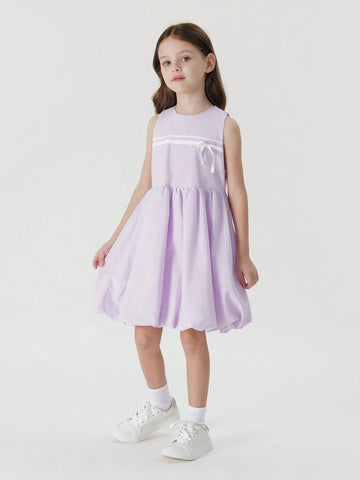 Young Girl's Casual Sleeveless Round Neck Dress With Moisture-Wicking, Quick-Drying, Floral Bud & Bowknot Design, Summer Young Girl's Casual Sleeveless Round Neck Dress With Moisture-Wicking, Quick-Drying, Floral Bud & Bowknot Design, Summer