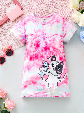 Young Girl's Casual Sporty Cute Cat Printed Dress Young Girl's Casual Sporty Cute Cat Printed Dress