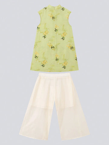 Young Girls' Chinese Style Wide-Leg Two-Piece Dress Set, Summer 2024 New Girl's Outfit Young Girls' Chinese Style Wide-Leg Two-Piece Dress Set, Summer 2024 New Girl's Outfit