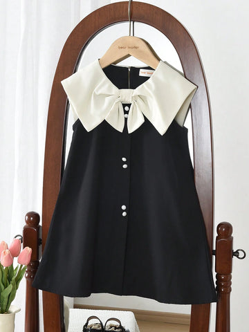 Young Girls Color Blocked Lapel Sleeveless Dress Sweet And Cute Style Suitable Wear In Summer Young Girls Color Blocked Lapel Sleeveless Dress Sweet And Cute Style Suitable Wear In Summer