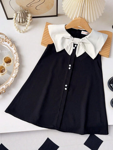 Young Girls Color Blocked Lapel Sleeveless Dress Sweet And Cute Style Suitable Wear In Summer Young Girls Color Blocked Lapel Sleeveless Dress Sweet And Cute Style Suitable Wear In Summer