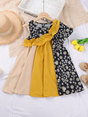 Young Girl's Colorblock Wood Ear Edge Floral Dress, Summer Young Girl's Colorblock Wood Ear Edge Floral Dress, Summer