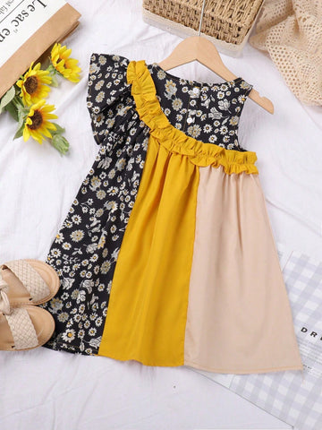 Young Girl's Colorblock Wood Ear Edge Floral Dress, Summer Young Girl's Colorblock Wood Ear Edge Floral Dress, Summer
