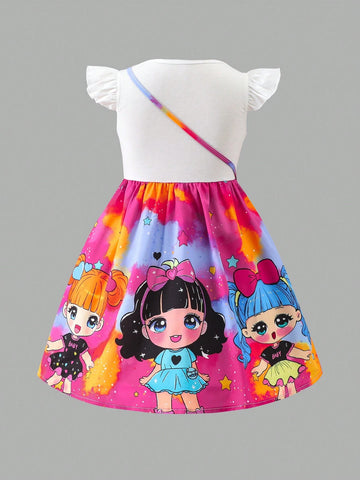 Young Girl's Cute Tie-Dye Sweet Y2K Style Dress With Flared Sleeves And Matching Bag Young Girl's Cute Tie-Dye Sweet Y2K Style Dress With Flared Sleeves And Matching Bag