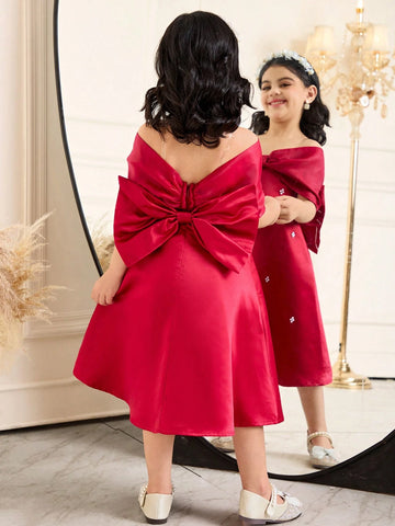 Young Girl's Elegant Bowknot Decor Knit Mid-Length Dress Young Girl's Elegant Bowknot Decor Knit Mid-Length Dress