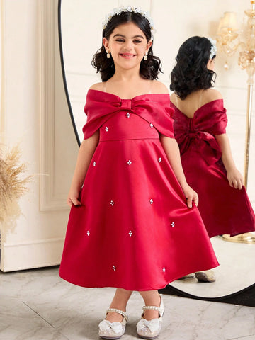 Young Girl's Elegant Bowknot Decor Knit Mid-Length Dress Young Girl's Elegant Bowknot Decor Knit Mid-Length Dress