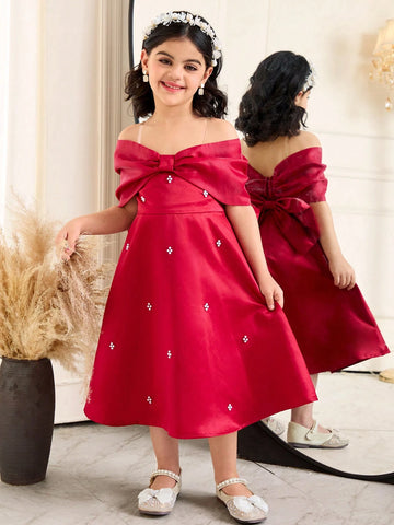 Young Girl's Elegant Bowknot Decor Knit Mid-Length Dress Young Girl's Elegant Bowknot Decor Knit Mid-Length Dress