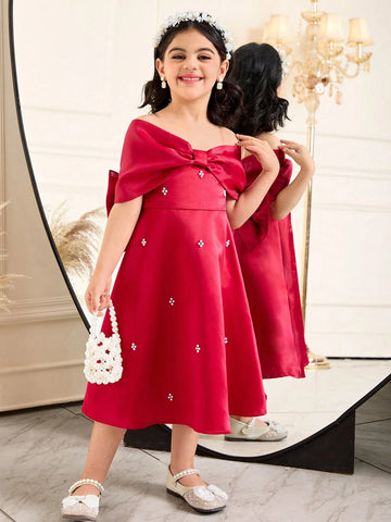 Young Girl's Elegant Bowknot Decor Knit Mid-Length Dress Young Girl's Elegant Bowknot Decor Knit Mid-Length Dress