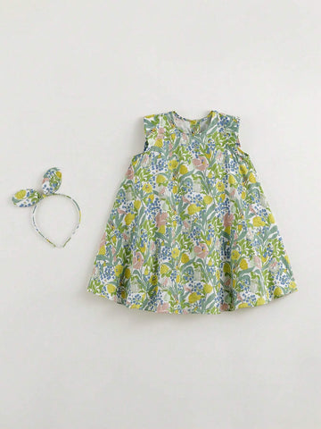 Young Girls" Elegant French Style Floral And Bird Print A-Line Round Neck Sleeveless Vest Dress (With A Headband) For Summer Young Girls" Elegant French Style Floral And Bird Print A-Line Round Neck Sleeveless Vest Dress (With A Headband) For Summer