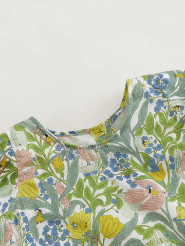 Young Girls" Elegant French Style Floral And Bird Print A-Line Round Neck Sleeveless Vest Dress (With A Headband) For Summer Young Girls" Elegant French Style Floral And Bird Print A-Line Round Neck Sleeveless Vest Dress (With A Headband) For Summer