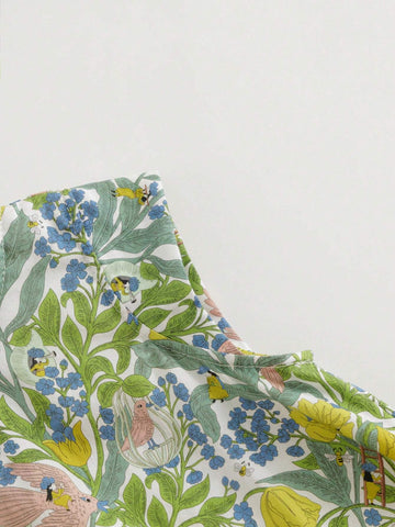 Young Girls" Elegant French Style Floral And Bird Print A-Line Round Neck Sleeveless Vest Dress (With A Headband) For Summer Young Girls" Elegant French Style Floral And Bird Print A-Line Round Neck Sleeveless Vest Dress (With A Headband) For Summer