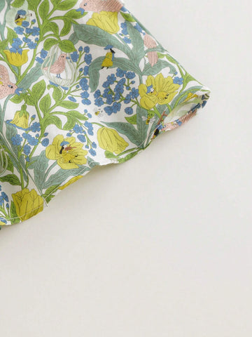 Young Girls" Elegant French Style Floral And Bird Print A-Line Round Neck Sleeveless Vest Dress (With A Headband) For Summer Young Girls" Elegant French Style Floral And Bird Print A-Line Round Neck Sleeveless Vest Dress (With A Headband) For Summer
