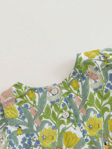 Young Girls" Elegant French Style Floral And Bird Print A-Line Round Neck Sleeveless Vest Dress (With A Headband) For Summer Young Girls" Elegant French Style Floral And Bird Print A-Line Round Neck Sleeveless Vest Dress (With A Headband) For Summer