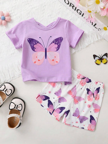 Young Girls' Elegant, Sweet & Cute Butterfly Knot Pattern Printed T-Shirt And Shorts Set, Suitable For Casual, Vacation, Party Young Girls' Elegant, Sweet & Cute Butterfly Knot Pattern Printed T-Shirt And Shorts Set, Suitable For Casual, Vacation, Party