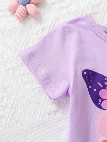 Young Girls' Elegant, Sweet & Cute Butterfly Knot Pattern Printed T-Shirt And Shorts Set, Suitable For Casual, Vacation, Party Young Girls' Elegant, Sweet & Cute Butterfly Knot Pattern Printed T-Shirt And Shorts Set, Suitable For Casual, Vacation, Party