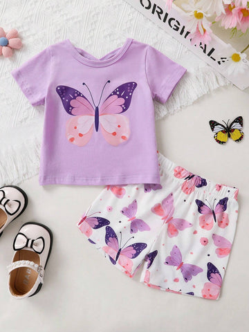 Young Girls' Elegant, Sweet & Cute Butterfly Knot Pattern Printed T-Shirt And Shorts Set, Suitable For Casual, Vacation, Party Young Girls' Elegant, Sweet & Cute Butterfly Knot Pattern Printed T-Shirt And Shorts Set, Suitable For Casual, Vacation, Party