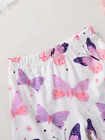 Young Girls' Elegant, Sweet & Cute Butterfly Knot Pattern Printed T-Shirt And Shorts Set, Suitable For Casual, Vacation, Party Young Girls' Elegant, Sweet & Cute Butterfly Knot Pattern Printed T-Shirt And Shorts Set, Suitable For Casual, Vacation, Party