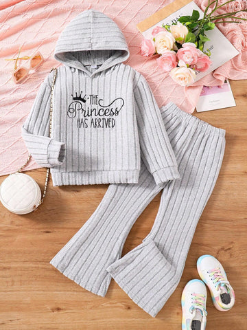 Young Girls Embroidered Letter Ribbed Hoodie And Flared Pants Set Young Girls Embroidered Letter Ribbed Hoodie And Flared Pants Set