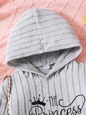 Young Girls Embroidered Letter Ribbed Hoodie And Flared Pants Set Young Girls Embroidered Letter Ribbed Hoodie And Flared Pants Set