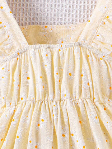 Young Girls Embroidered Square Neck Technic Floral Dress In INS Style For Summer Young Girls Embroidered Square Neck Technic Floral Dress In INS Style For Summer