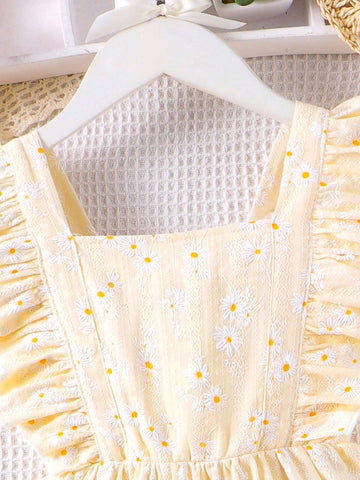 Young Girls Embroidered Square Neck Technic Floral Dress In INS Style For Summer Young Girls Embroidered Square Neck Technic Floral Dress In INS Style For Summer
