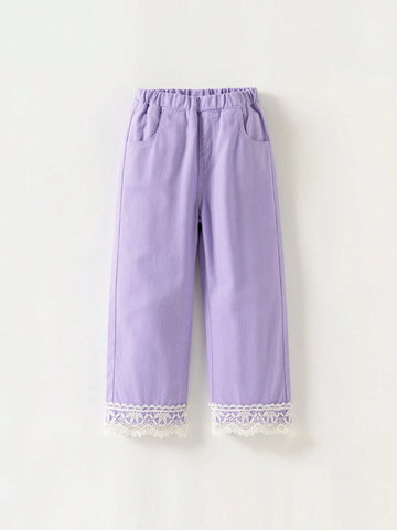 Young Girls' Everyday Cute Lace Panel Patchwork Jeans, Easy To Match Young Girls' Everyday Cute Lace Panel Patchwork Jeans, Easy To Match