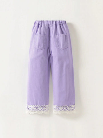 Young Girls' Everyday Cute Lace Panel Patchwork Jeans, Easy To Match Young Girls' Everyday Cute Lace Panel Patchwork Jeans, Easy To Match