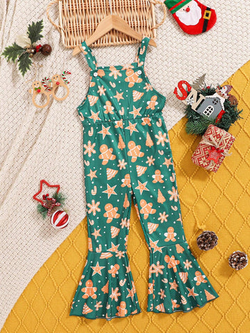 Young Girls Fashion Trendy Christmas Cartoon Print Strap Flare Jumpsuit Young Girls Fashion Trendy Christmas Cartoon Print Strap Flare Jumpsuit